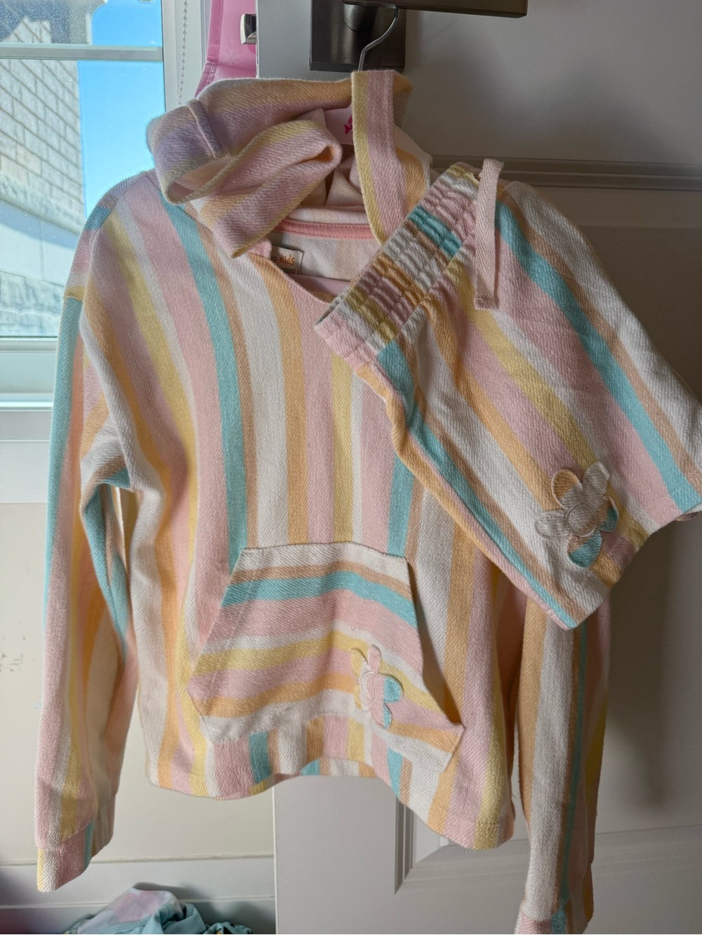Girls' Pastel Stripe Hoodie Top - Soft Pink, Yellow & Blue (size 7/8)
